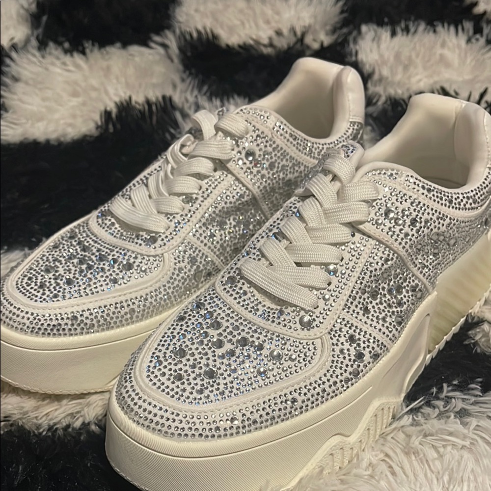 Steve Madden White and Silver Crystal Sneakers